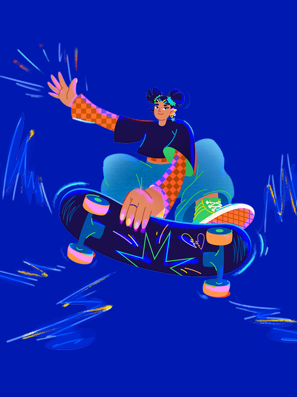 Eine Illustration einer jungen Skaterin vor blauem Hintergrund.